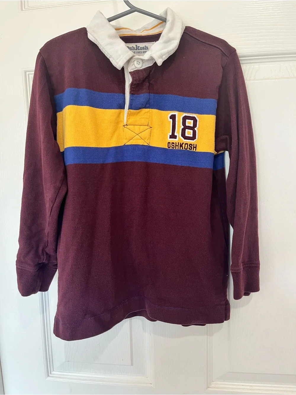 OshKosh B’gosh Boys Size 6 Rugby Shirt Burgundy Navy Mustard Yellow Striped